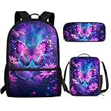 UOIMAG Kinder-Schulranzen, 3-teilig, Rucksack, Lunchbox-Set mit Federmäppchen, leichter Rucksack, Schmetterling Gänseblümchen Galaxie, Einheitsgröße, Schulranzen-Set