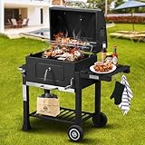 Strattore Holzkohlegrill XL BBQ Grillwagen Verstellbarer Standgrill mit Deckel Quadratischer Barbecue Gartengrill aus Eisen - Garten Camping Terrasse - Grillrost und Thermometer Holzkohle Grill