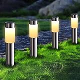 Joomer Solarlampen für Außen 4 Stück Edelstahl LED Solarleuchten Garten Außenleuchte Wetterfest Warmweiß Wegeleuchte Zylindrisch Gartenleuchte Auto Ein/Aus für Patio Rasen Terrasse Fahrstraßen