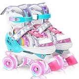 OLYSPM Rollschuhe Kinder Rollschuhe Verstellbar Rollschuhe Damen,LED Rollschuhe und 4 Größen verstellbar,Rollschuhe mit Aufbewahrungstasche für Mädchen,Jungen und Anfänger(Rosa)