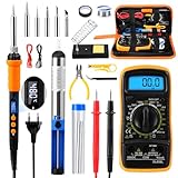 Lötkolben Set Profi, 90W LCD Einstellbar Temperatur 200-500°C Lötset, Elektrischer Lötstation mit Lötdraht,5 Lötspitzen,Lötkolbenständer,Entlötpumpe, Digitalmultimeter für Elektrische Arbeiten