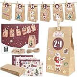 RUBY Adventskalender zum Befüllen, 2024 Jahr Adventskalender Tüten, 24 DIY Adventskalender zum Befüllen Kinder mit Aufkleber Weihnachten, Jute-Schnur und Holzklammern, zum Weihnachten Geschenke Machen