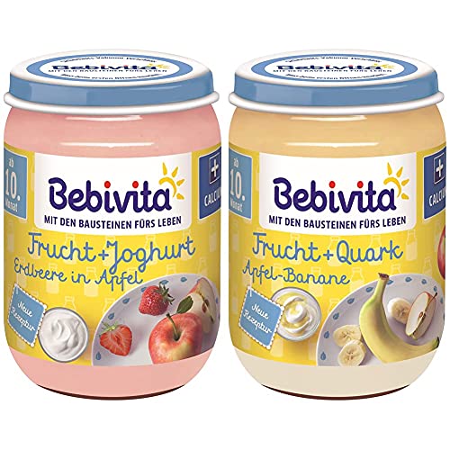 Bebivita Frucht & Joghurt Erdbeere in Apfel, 190 g & Frucht & Joghurt / Quark DUO Apfel-Banane / Quark, 190 g