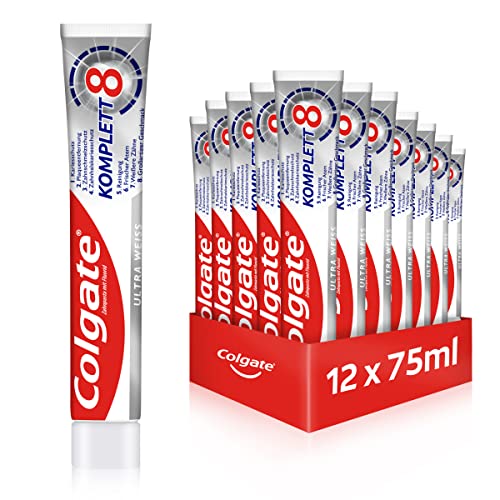 Colgate Zahnpasta Komplett Ultra Weiß, 12er Pack (12 x 75 ml) - Zahncreme für natürlich weiße Zähne, Komplettschutz für gesunde Zähne