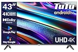 TuTu Smart TV 43 Zoll (108 cm) 4K UHD LED Fernseher Android TV mit WLAN, HDR, Triple Tuner DVB-C/S/S2/T/T2, Bluetooth, Prime Video, Netflix, YouTube, DAZN, Disney+, TUS43UQ1A