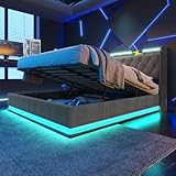 FEZTOY Polsterbett Doppelbett mit LED, Drucktaste/App/Fernbedienung, 180x200 cm, Grau Leinen-Material Hydraulisches Stauraumbett, Kopfteil mit USB Typ-C,Ohne Matratze