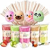 GREENDOSO® Zuckerwatte Zucker für Maschine – Erdbeere, Cola, Apfel, Marshmallow, Vanille (5x160 g) – Natürliche Aromen & Farbstoffe – 20 Stäbchen + 8 Essbare Oblaten-Gesichter