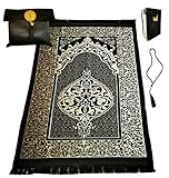 Luminoza Gebetsteppich Islam Geschenkset mit Gebetskette, Gebetsbuch (Tesbih) und Tasche to go | Muslimische Ramadan | Dekoration Islam | Gebets-Teppich schwarz | Islamische Geschenke | Prayer mat