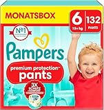 Pampers Baby Windeln Pants Größe 6 (15kg+) Premium Protection, Extra Large mit Stop- und Schutz Täschchen, MONATSBOX, 132 Höschenwindeln