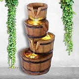 Gartenbrunnen, Brunnen, Zierbrunnen, Zimmerbrunnen, Springbrunnen, Brunnen mit LED-Licht 230V Wasserfall Wasserspiel für Garten, Gartenteich, Terrasse (Holz-KRUG 4-stufig)