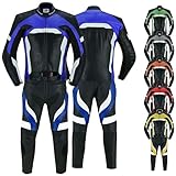 German Wear Motorradkombi Herren 2-teiler Biker Lederkombi aus Kalbsleder - mit alle Protektoren, abmehmbar & waschbar Thermofutter, Verstellbarer Taillengürtel und Reißverschluss-Taschen Blau - 46