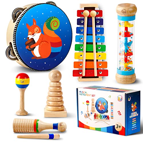 Sweet time Musikinstrumente für Kinder ab 1 Jahr, Musik Kinderspielzeug mit Xylophon, Holz Percussion Set Schlagzeug Schlagwerk Rhythmus Spielzeug Baby Musikinstrumente für Kleinkinder ab 2 3 Jahre