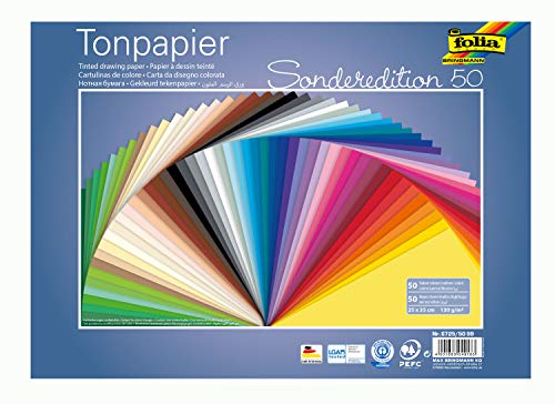 folia 6725/50 99 - Tonpapier Mix, 25 x 35 cm, 130 g/qm, 50 Blatt sortiert in 50 Farben - ideale Grundlage für vielseitige Bastelarbeiten