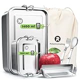 Rebelnomading 2x 1400 ml & 550 ml Edelstahl Brotdose Erwachsene Mit Tragetasche, Faltbarem Löffel, Gabel - Lunchbox Erwachsene & Brotdose Edelstahl Kinder - Auslaufsicher Brotdose Metall