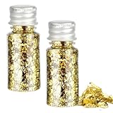 RUNQIN 2 Flaschen Essbare Blattgoldblätter, Gold Folien Flocken Blattgold, Goldfolie Papier zum Basteln Lebensmittel Kuchen Backen Torten Dekorfolie Kunsthandwerk, Essbar Goldfolienflocken Tortendeko