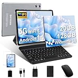 Android 14 Tablet mit Tastatur, Tablet 10 Zoll mit 5G WLAN 6, 20 GB RAM+128 GB ROM (Erweiterbar auf 1 TB), GPS, Widevine L1, Octa-Core, 5MP + 8MP, 1280 x 800, Tablet mit Maus + Hülle, Weiches Grau