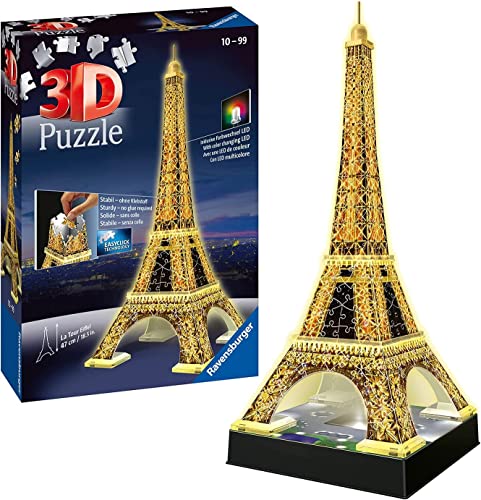 Ravensburger 3D Puzzle 12579 - Eiffelturm in Paris bei Nacht - Bauwerk im Miniatur-Format, 3D Puzzle für Erwachsene und Kinder ab 8 Jahren, Leuchtet im Dunkeln