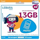 LEBARA Prepaid SIM-Karte mit Hello! 13 Prepaid Tarif ohne Vertrag | Allnet Flat Telefonie & SMS, 13 GB Datenvolumen inkl. 5G und 100 Frei-Min. ins Ausland