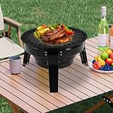 Tragbarer Klappgrill Kugelgrill Klein Tischgrill Holzkohle aus Kohlenstoffstahl, Outdoor Camping und BBQ Mini Grill mit Grillnetz & koreanischer Grillpfanne