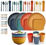 56 Teiliges Camping Geschirr Set für 4 Personen | Unzerbrechliches Plastikgeschirr mit Tellern, Schüsseln, Bechern & Besteck | Leicht, Bunt, Wiederverwendbar für Picknick, Grillen, Outdoor-Reisen