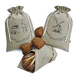 MARKUS Linen 3er Set - 2X Leinen-Brotbeutel 34x45 cm + 1x Leinentuch 38x55 cm - Leinenbeutel für Brot - groß Brotbeutel - wiederverwendbar - Bedruckt - 100% Naturleinen - ÖKO-TEX Zertifiziert