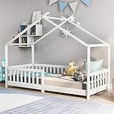 Kinderbett Hausbett 90x190 cm Rausfallschutz Bett, Holzbett für Kids, Mit Rausfallschutz und Lattenrost, für Kinder (Weiß)