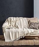 BOHORIA® Premium Tagesdecke Tulum | 100% Baumwolle | Extra-groß 170 x 230 cm | Baumwolldecke als Bett-Überwurf, Couch-Überwurf, Sofa-Decke mit Fischgrätenmuster (Natural Cotton)