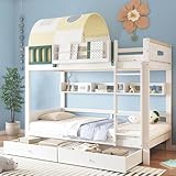 Kinderbett Etagenbett 90x200 für 2 Kinder, Hochbett Hausbett mit kleinem Zelt, Bücherregal und Schubladen, Holzbett Bettgestell Jugendbett mit Rausfallschutz & Lattenrost, Kiefer, Ohne Matratze, Weiß