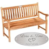 Sterngraf Bank zur Hochzeit mit Gravur-Schild zB. Herzen (Namen/Datum), Teakholz Gartenbank Mendip 130cm, Edelstahlschild personalisiert, Geschenk für Paare zum Hochzeitstag