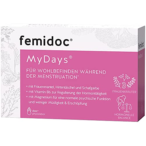 femidoc MyDays Menstruations-Kapseln 20 Stück | Wohlbefinden während der Periode | Frauenmantel - Hirtentäschel - Schafgarbe - Vitamin B6 - Magnesium