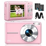 CAMKORY Digitalkamera Fotokamera FHD 1080P 44MP Kompaktkamera 16X Digitalzoom Fotoapparat Digitalkamera Klein Einfache Bedienung Selfie mit 2 Akku für Kinder Anfänger Mädchen Rosa