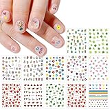 JMEOWIO Süße Nagelsticker Für Kinder 14 Blatt Nail Art Sticker Selbstklebend Nagelaufkleber Regenbogen Blumen Frucht Dekoration Nageldesign Zubehör