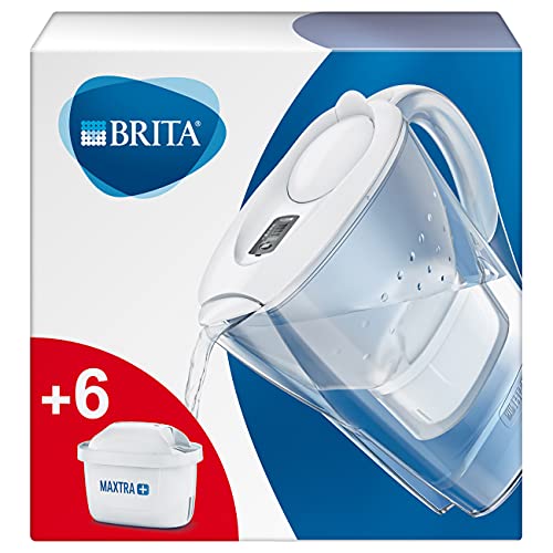 BRITA Wasserfilter Marella weiß inkl. 6 MAXTRA+ Filterkartuschen – BRITA Filter Halbjahrespaket zur Reduzierung von Kalk, Chlor, Blei, Kupfer & geschmacksstörenden Stoffen im Wasser