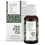 Teebaumöl 100% Reines 30 ml | 100% konzentriertes und natürliches Ätherisches Tea Tree Oil für unreine Haut, Kopfhaut, Haare, Pickel im Gesicht | Pflege bei Akne, Fußpilz, Nagelpilz | Vegan