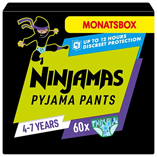 Ninjamas Nachthöschen / Höschenwindeln für Jungs (17-30kg), 60 Pyjama Höschen, 4-7 Jahre, MONATSBOX, absorbierende Windelhöschen, Auslaufschutz für die ganze Nacht