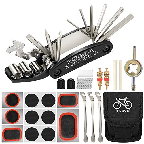 Tagvo Fahrradwerkzeug-Kit, 16 in 1 Fahrrad-Multifunktionswerkzeug mit Patch-Kit und Reifenheber, Fahrrad-Fix-Tool-Kit, Bike Cycling Repair Tools Bundle, Zyklus-Wartungs-Kits mit Beutel