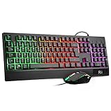 Rii Gaming Tastatur und Maus Set, Maus und Tastatur, RGB Hintergrundbeleuchtung QWERTZ (DE-Layout), Regenbogen Farben Beleuchtete USB Wasserdicht mit 3200 DPI für Pro PC Gamer