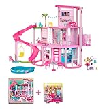Barbie Bundle Pack - Puppenhaus (HMX10) + Chelsea Puppe (FWV20) Traumvilla Spielset mit 75 Bausteinen und Rutsche über 3 Stockwerken, Haustierlift und Reisehündchen, für Kinder ab 3 Jahren