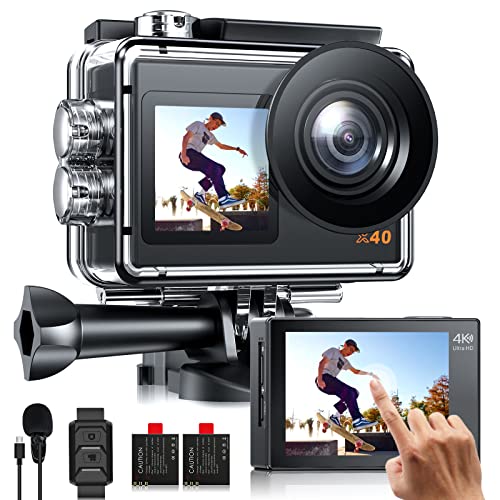 Action Cam 4K Unterwasserkamera Wasserdicht 40M, WiFi Ultra HD 20MP Touchscreen 170°Weitwinkel EIS Bildstabilisator Dual-Screen Helmkamera mit Fernbedienung und 2 Akkus