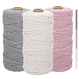 3stk Makramee Garn 3mm x100m, Baumwolle Makramee Baumwollgarn, Baumwollseil, Makramee-Garn, Bunte Baumwoll-Bastelschnur zum Aufhängen, Pflanzenaufhänger, Basteln, Stricken (Beige, Hellrosa, Hellgrau)