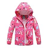 MGEOY Regenjacke für Mädchen, leicht, wasserdicht, mit Kapuze, Baumwollfutter, Windbreaker für Kinder, Größe 4–12 Jahre, Rosa, Einhorn, 5-6 Jahre