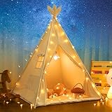 LIONHERZ® DAS ORIGINAL Tipi Zelt für Kinder aus 100% Baumwolle mit Federdeko, Kuschelmatte, Tragetasche [Stabil] Tippi Kinderzelt Teepee Spielzelt (Cremeweiß)