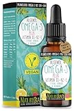 Omega-3 Algenöl PLUS - 40% DHA und 20% EPA mit Vitamin D3 + K2 + E - Zitrone und Rosmarinextrakt - Vegan (20ml = 4 Monats-Vorrat)