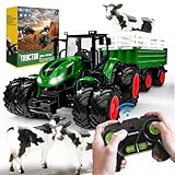 Ferngesteuerter Traktor Ferngesteuert, Ferngesteuertes Auto ab 3 4 5 Jahre, Traktor Spielzeug ab 3 Jahre, Rc Traktor mit Fernbedienung, Anhänger, Licht und Kuh, Weihnachten Geschenk für Kinder