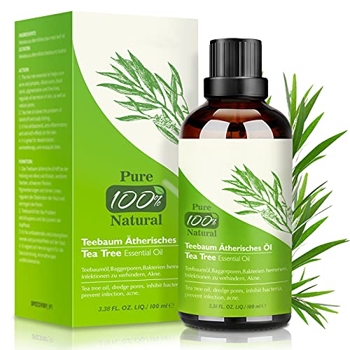 Teebaumöl 100% Pure Natürrein 100ML - Tea Tree Oil für Shampoo Gesicht Körper, Anti Pickel, Akne Öl, Acne Serum gegen Unreine Haut Warzen, Mitesser, Schuppen, Vegan Teebaum Ätherische Öle für Diffuser