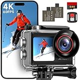 syndesmos Action Cam 4K 60FPS, 40M Unterwasserkamera, 30MP HD Unterwasserkamera Schnorcheln 2 LCD Bildschirm, Wasserdicht EIS Touchscreen Actioncam mit 64GB Karte, 2.4G Fernbedienung, Zubehör Kit