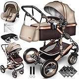 KIDUKU® 3 in 1 Kinderwagen XXL Komplettset | Kombikinderwagen Set inkl. Babywanne Buggy Sportsitz & Auto-Babyschale Fußsack | Vollgummireifen Wickeltasche Handwärmer Tragekorb Regenschutz Kindertisch