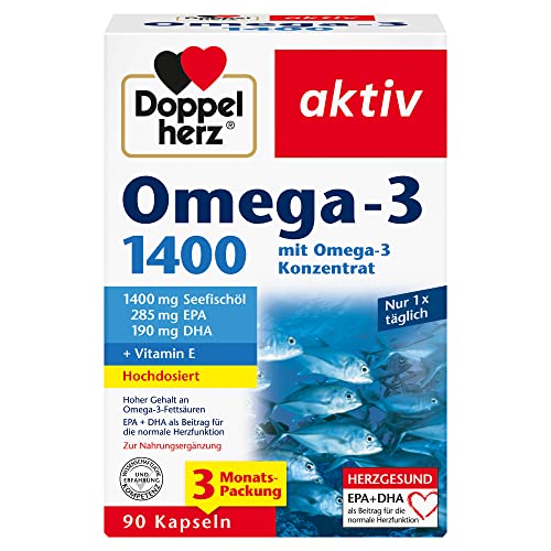 Doppelherz Omega-3 1400 mg – Hochdosiertes Omega-3-Konzentrat plus Vitamin E – Hoher Gehalt an Omega-3-Fettsäuren – 90 Kapseln