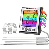 ThermoPro TP17H Digitales Grill-Thermometer Bratenthermometer Fleischthermometer Ofenthermometer mit 4 Edelstahlsonden, Blaue Hinterbeleuchtung, Weinthermometer Temperaturbereich bis 300°C