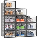 HOMIDEC Schuhboxen, 12er Pack Schuhboxen Stapelbar, Schuhorganizer Schuhaufbewahrung, Schuhkarton mit Deckel für Schuhe bis Größe 45, Schwarz